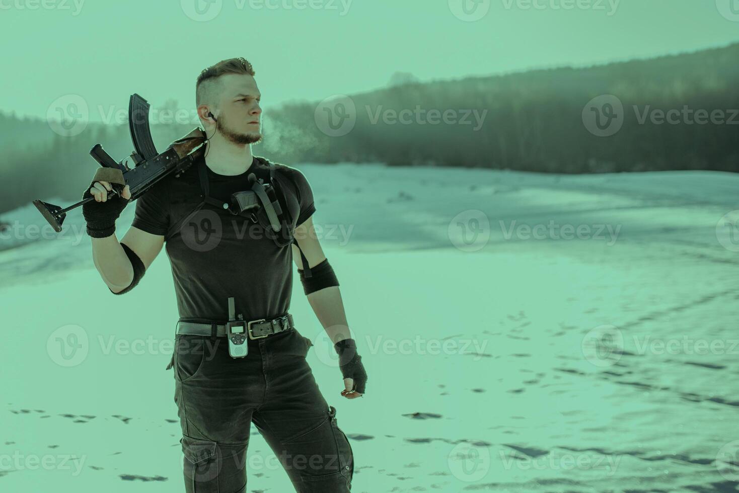 Special forces soldiers with weapon take part in military maneuver. war, army, technology and army concept photo