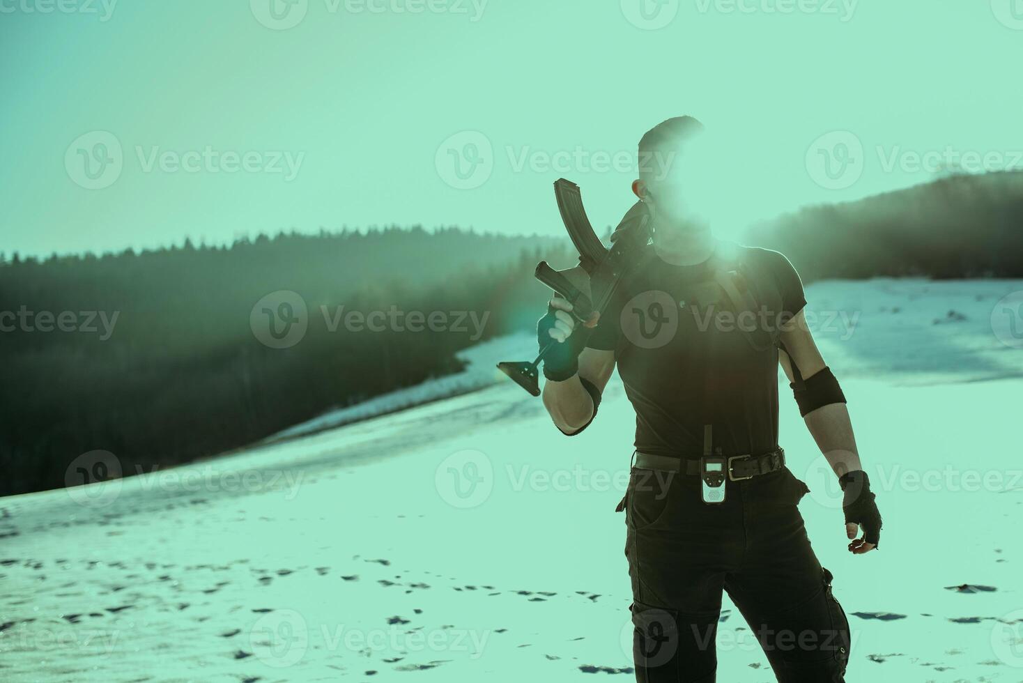 Special forces soldiers with weapon take part in military maneuver. war, army, technology and army concept photo