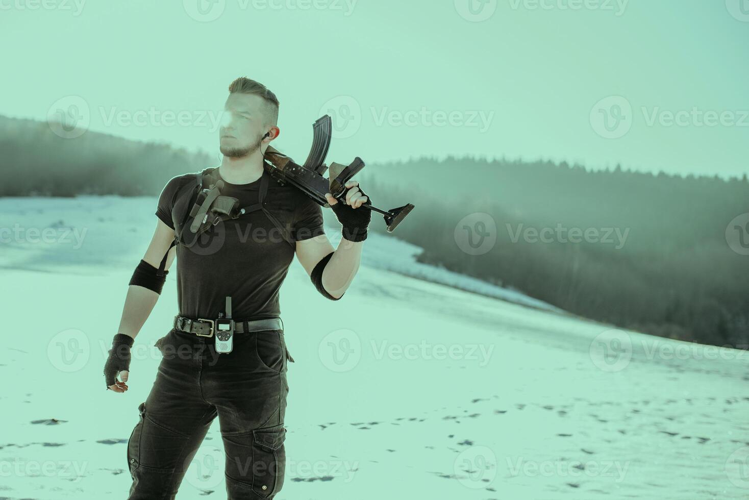 Special forces soldiers with weapon take part in military maneuver. war, army, technology and army concept photo