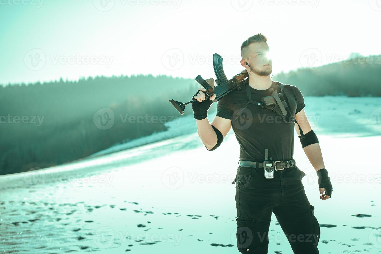 Special forces soldiers with weapon take part in military maneuver. war, army, technology and army concept photo