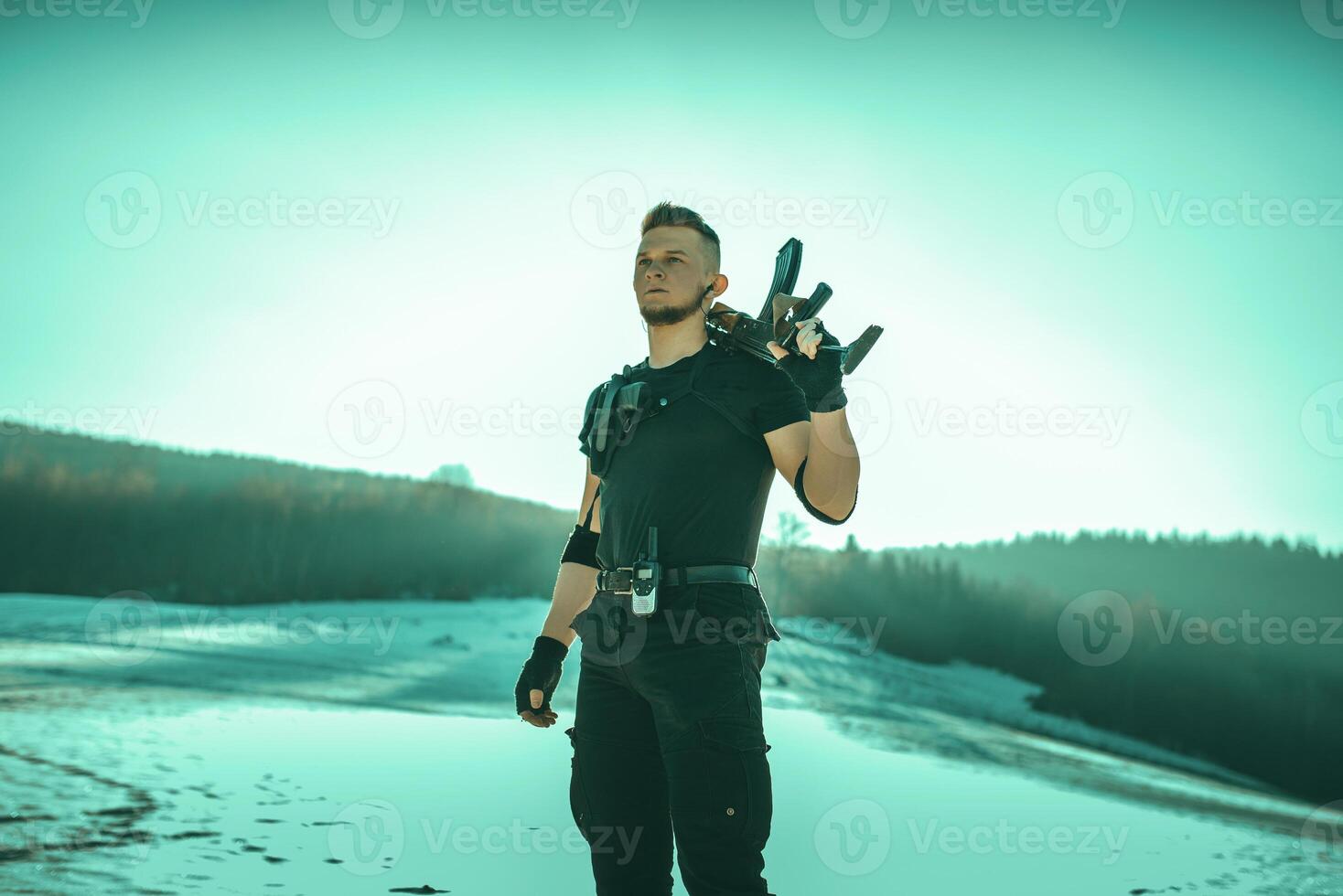 Special forces soldiers with weapon take part in military maneuver. war, army, technology and army concept photo