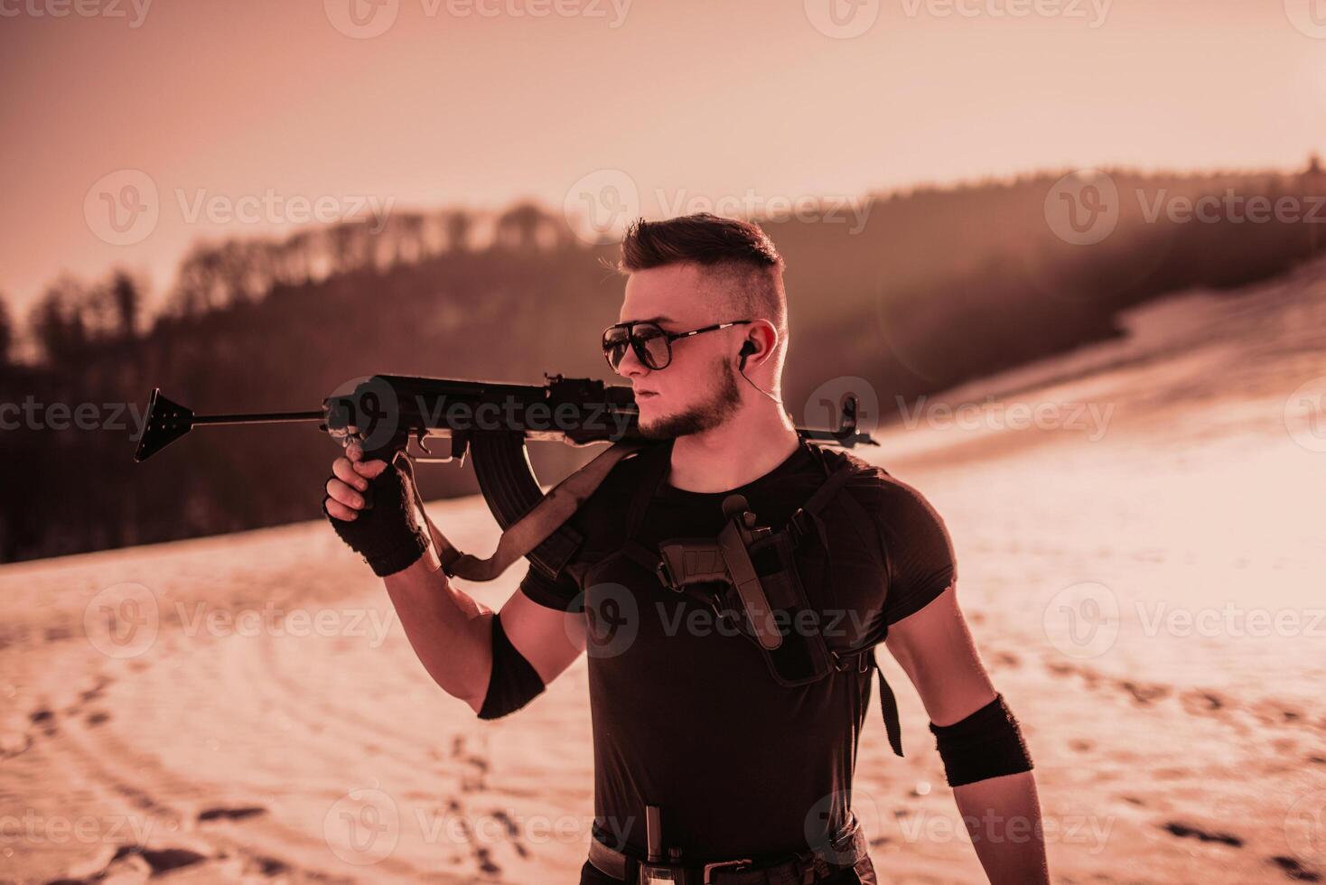 Special forces soldiers with weapon take part in military maneuver. war, army, technology and army concept photo