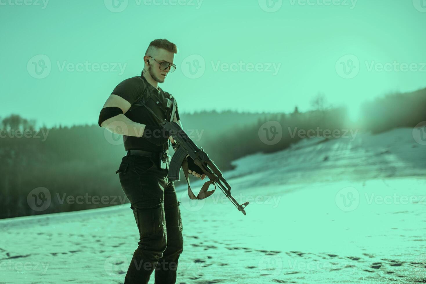 Special forces soldiers with weapon take part in military maneuver. war, army, technology and army concept photo