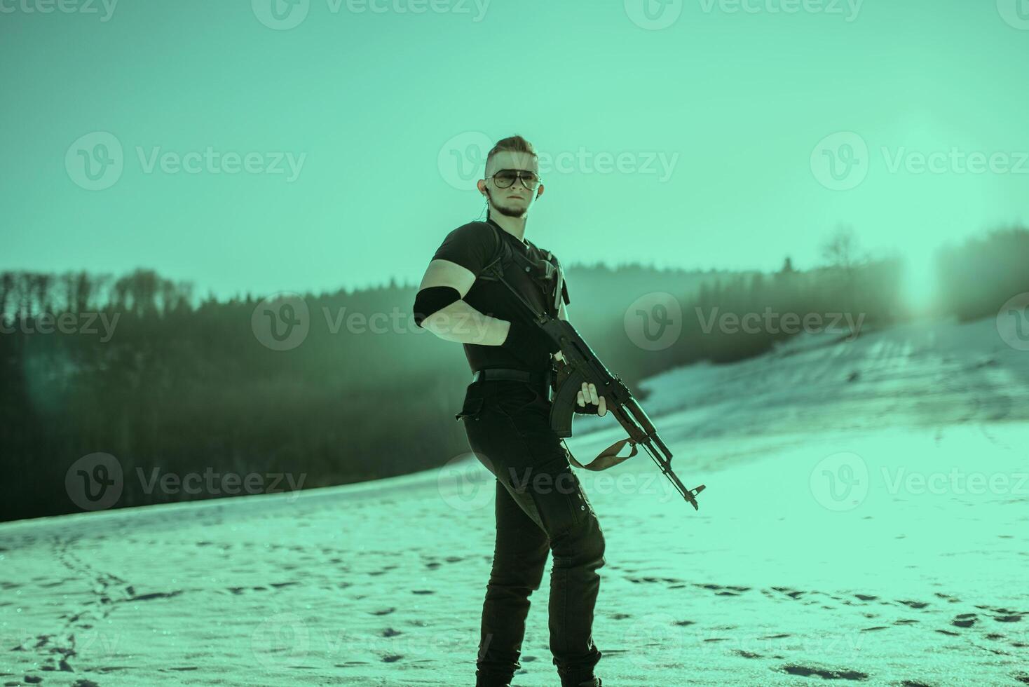 Special forces soldiers with weapon take part in military maneuver. war, army, technology and army concept photo