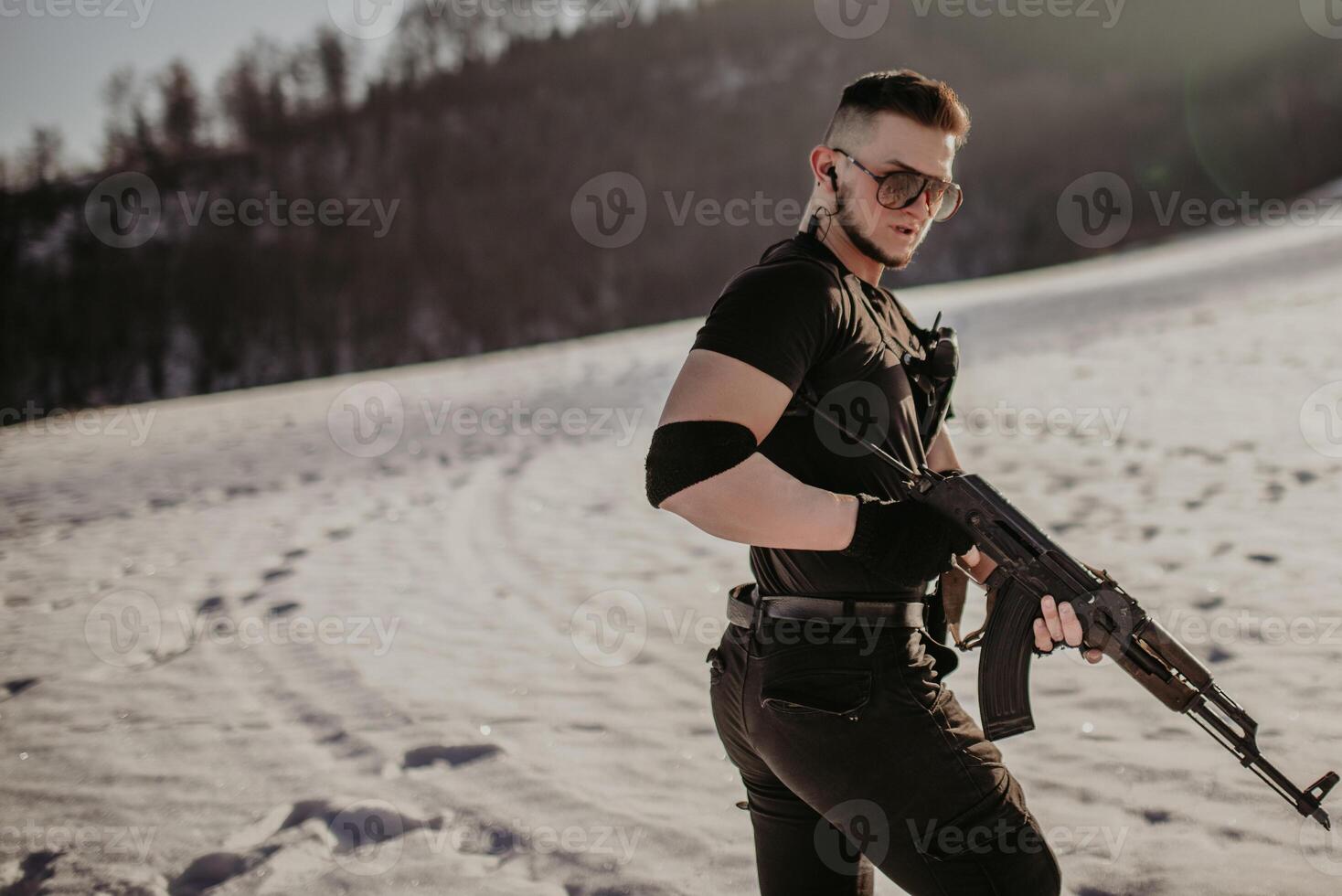 Special forces soldiers with weapon take part in military maneuver. war, army, technology and army concept photo