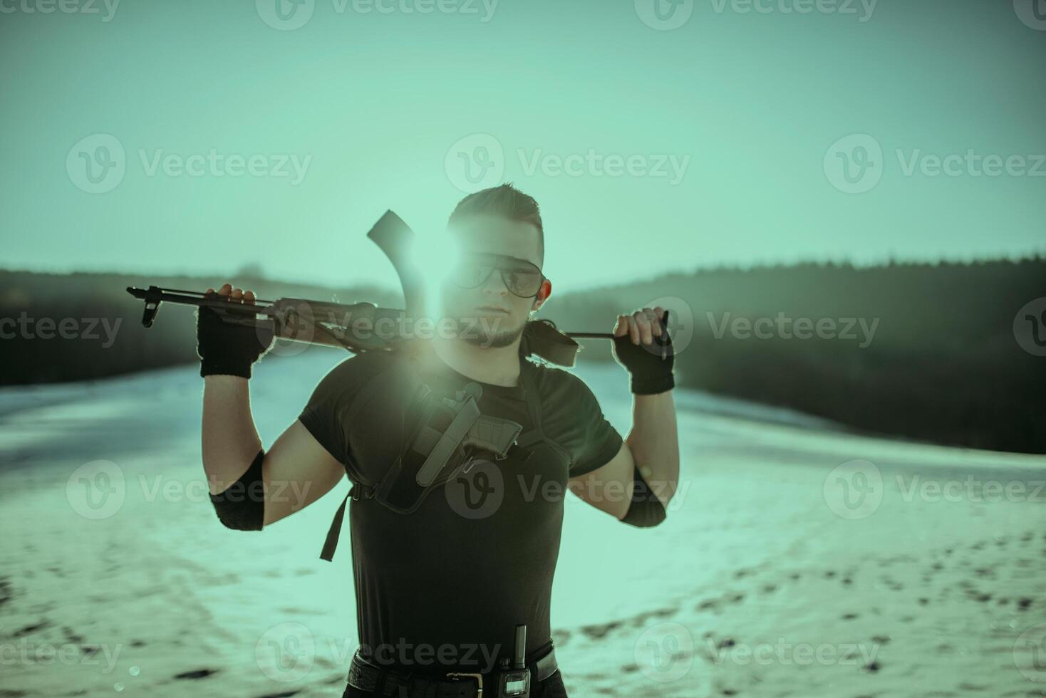 Special forces soldiers with weapon take part in military maneuver. war, army, technology and army concept photo