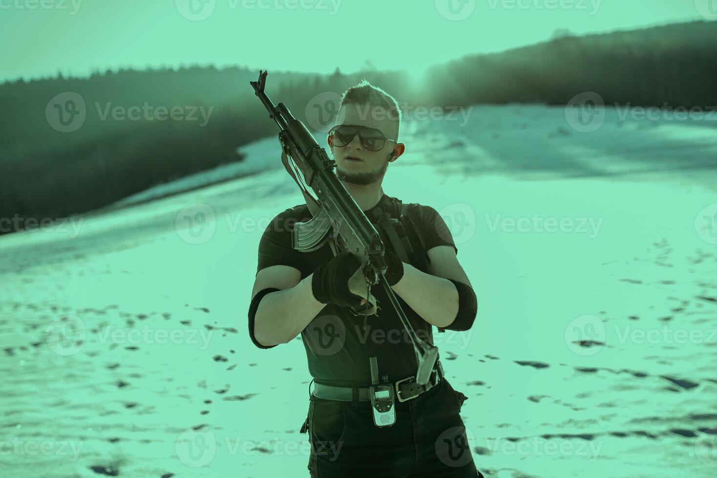 Special forces soldiers with weapon take part in military maneuver. war, army, technology and army concept photo