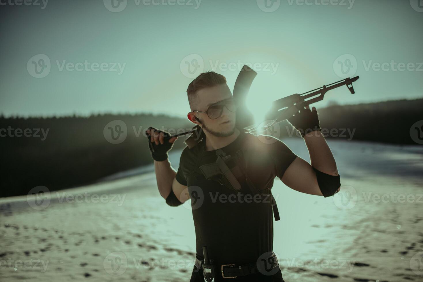 Special forces soldiers with weapon take part in military maneuver. war, army, technology and army concept photo