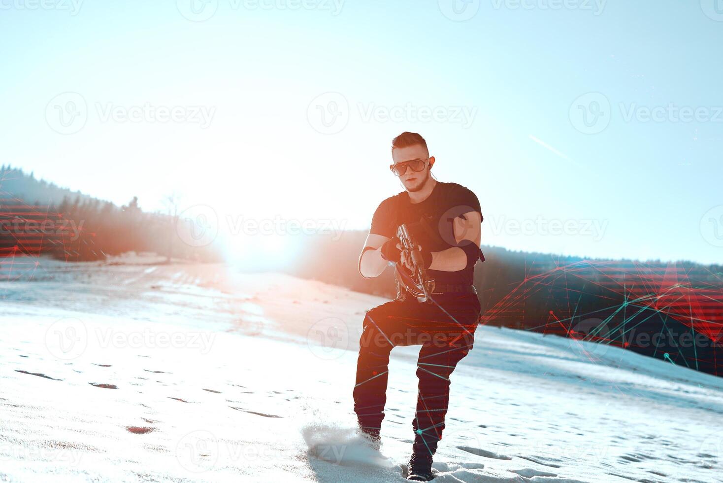 soldier with weapons in forest somewhere above the Arctic Circle photo