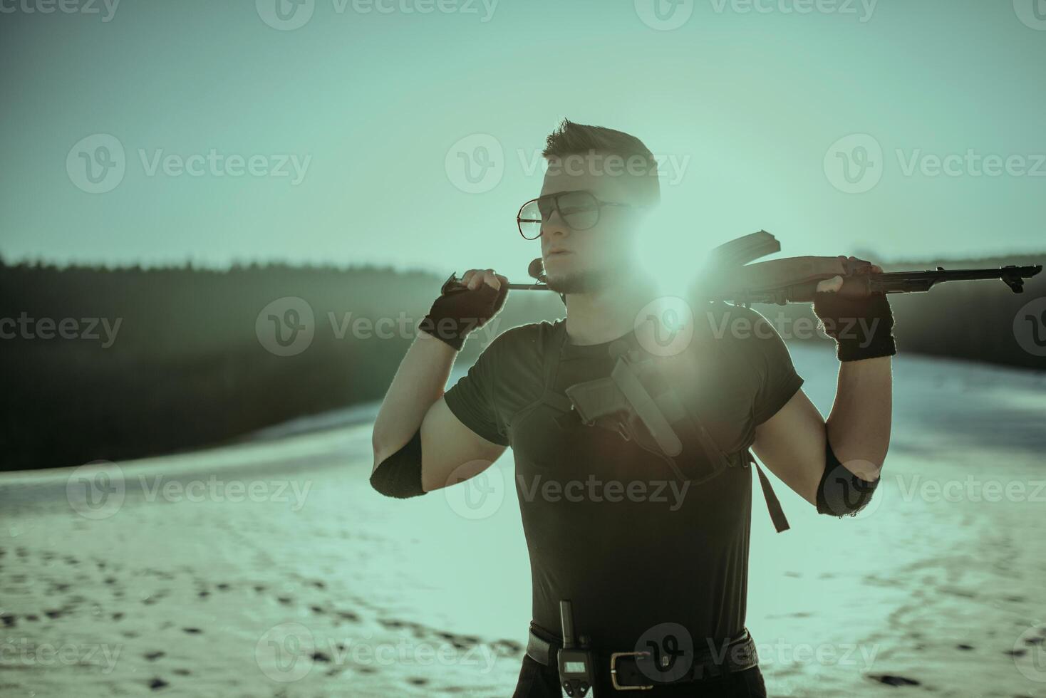 Special forces soldiers with weapon take part in military maneuver. war, army, technology and army concept photo