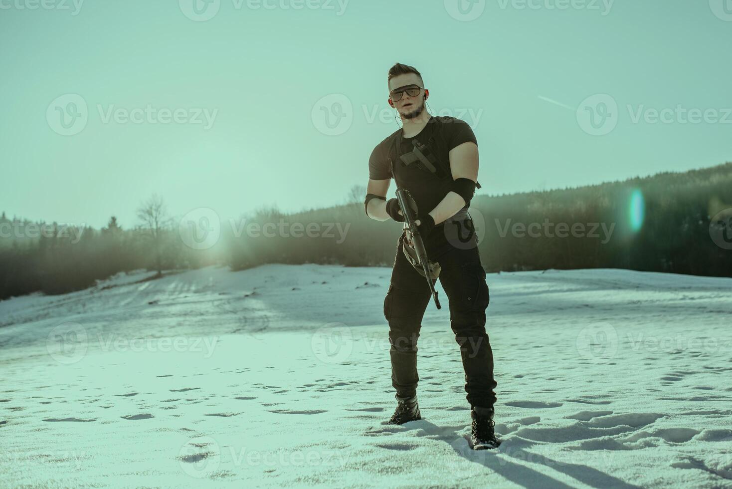 Special forces soldiers with weapon take part in military maneuver. war, army, technology and army concept photo