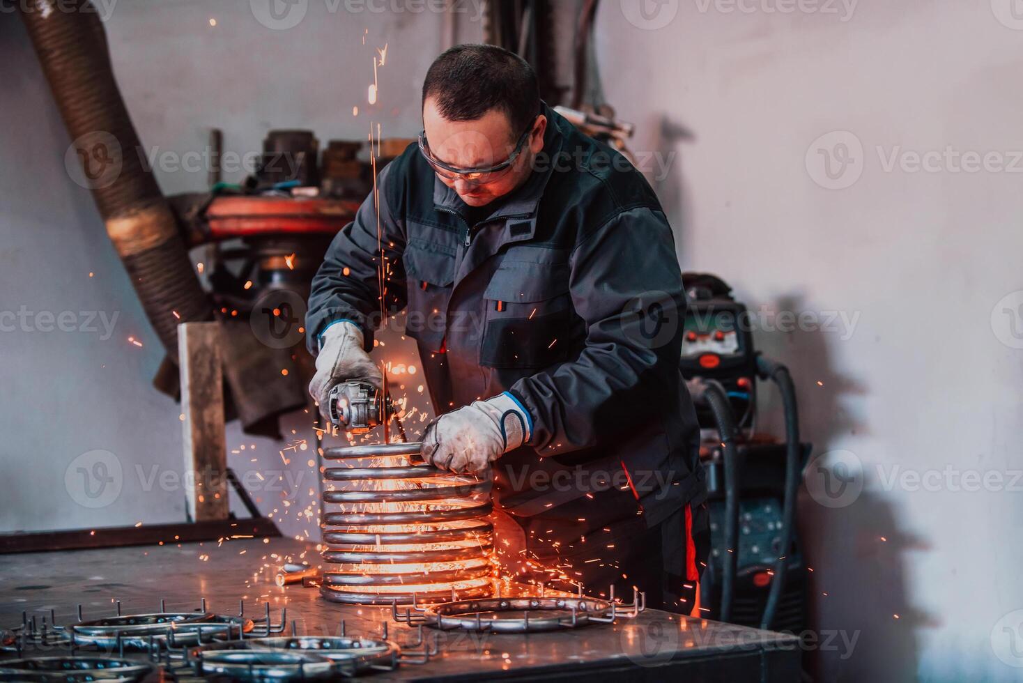 Locksmith in special clothes and goggles works in production. Metal processing with angle grinder. Sparks in metalworking. photo