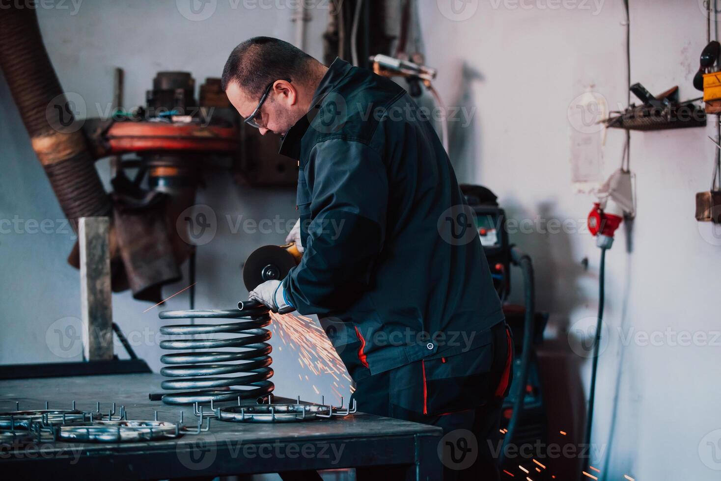 Locksmith in special clothes and goggles works in production. Metal processing with angle grinder. Sparks in metalworking. photo