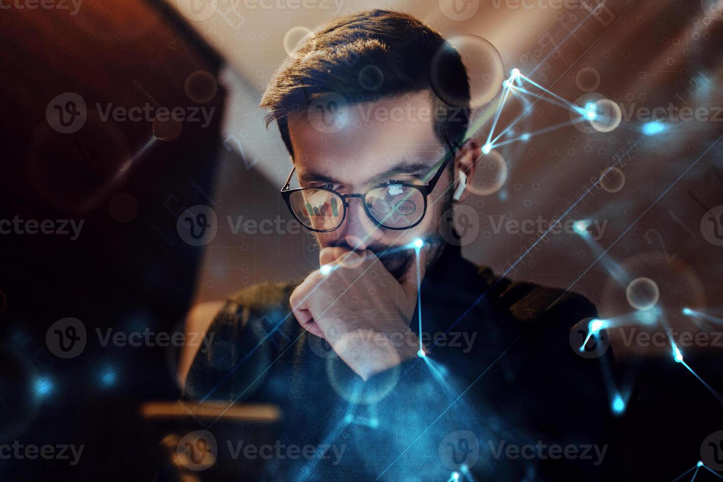 Big data management, digital technology, software development concept. Computer programmer, software engineer programming on laptop, data processing with computer code, technology background photo