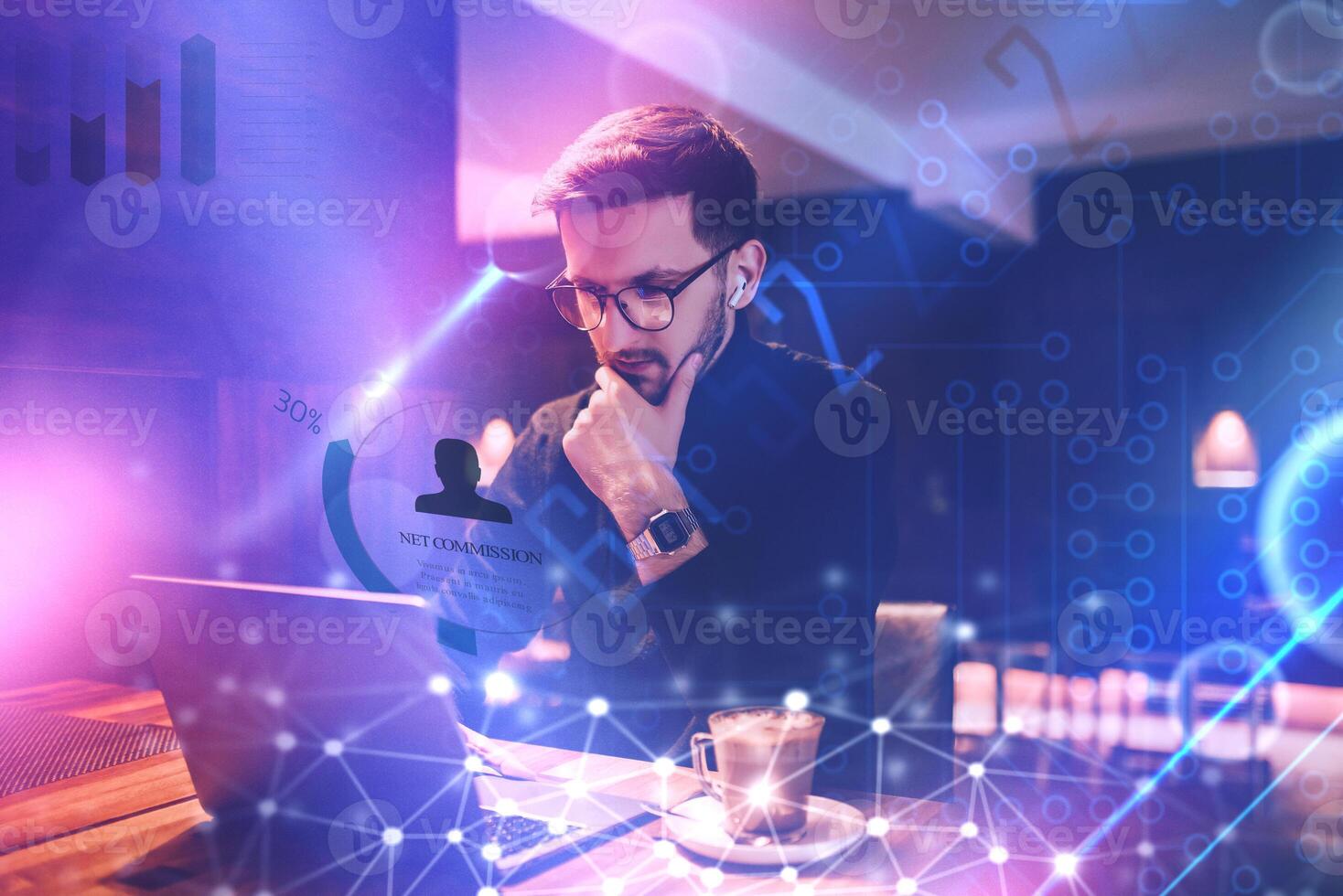 Big data management, digital technology, software development concept. Computer programmer, software engineer programming on laptop, data processing with computer code, technology background photo