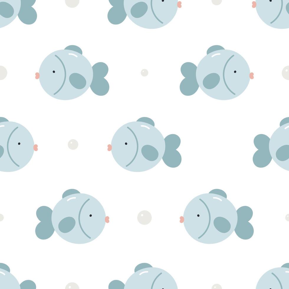 Seamless pattern with cute fish. Sea character. For for kids design, fabric, wrapping, cards, textile, wallpaper, apparel. Isolated cartoon illustration in flat style on white background. vector
