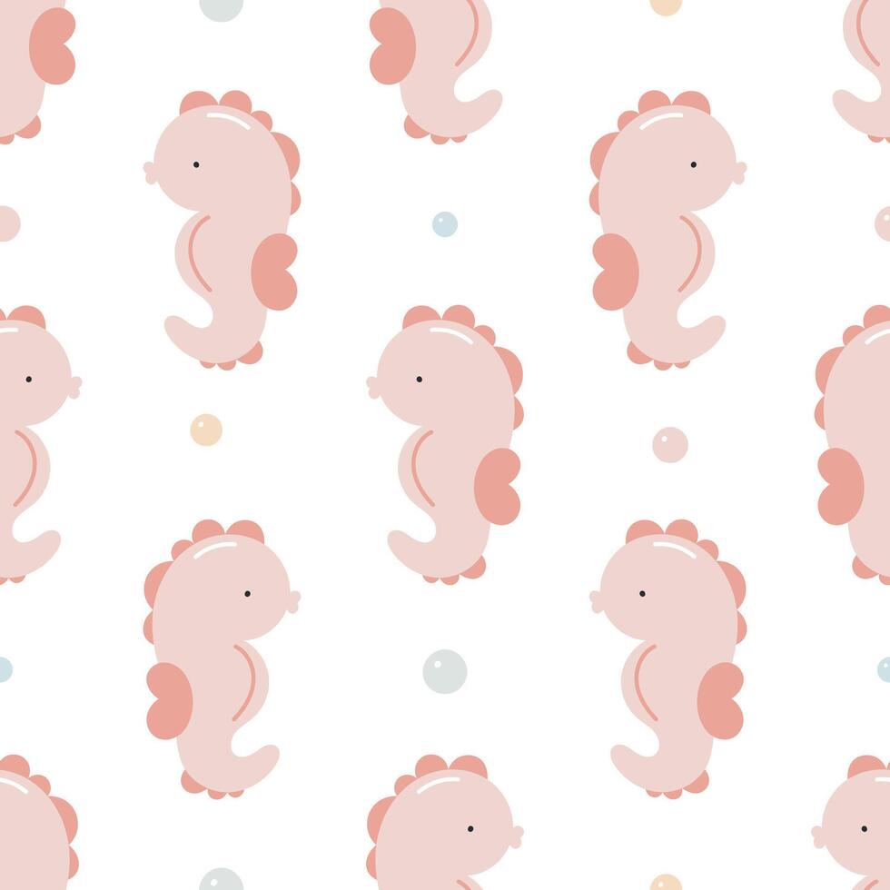Seamless pattern with cute seahorse. Sea character. For for kids design, fabric, wrapping, cards, textile, wallpaper, apparel. Isolated cartoon illustration in flat style on white background. vector