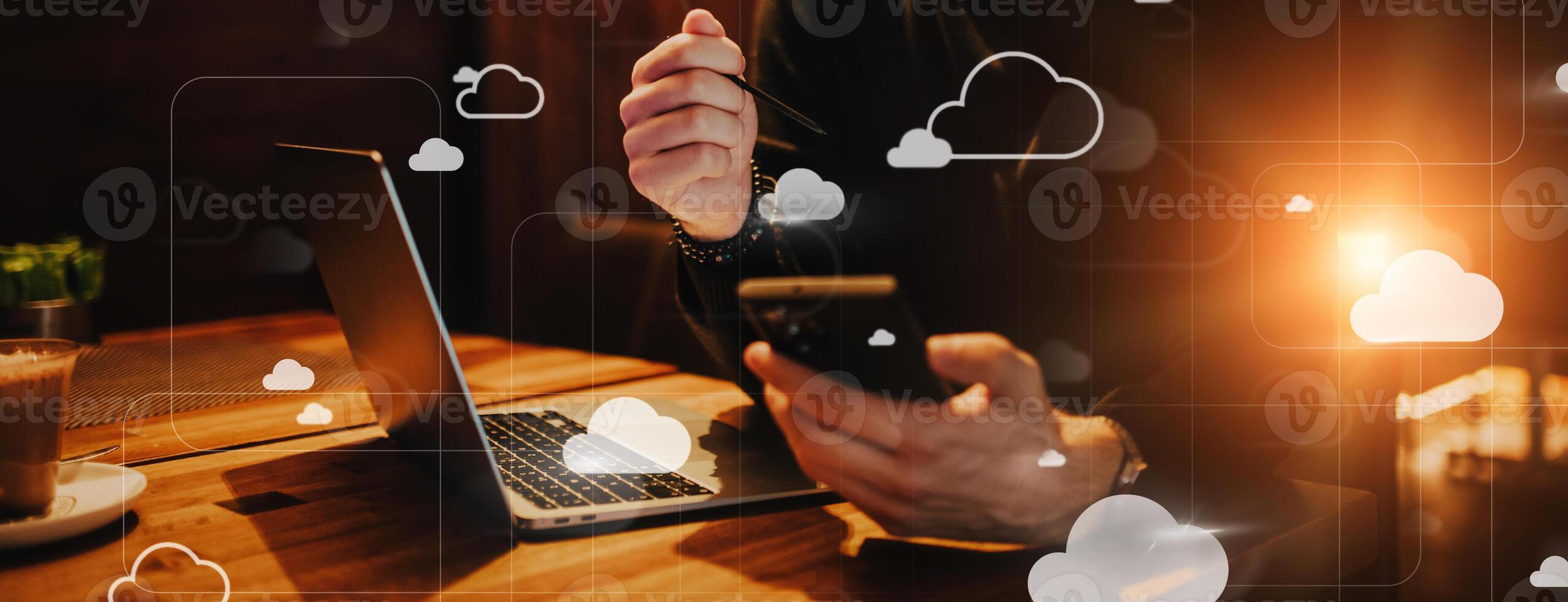 Big data management, digital technology, software development concept. Computer programmer, software engineer programming on laptop, data processing with computer code, technology background photo