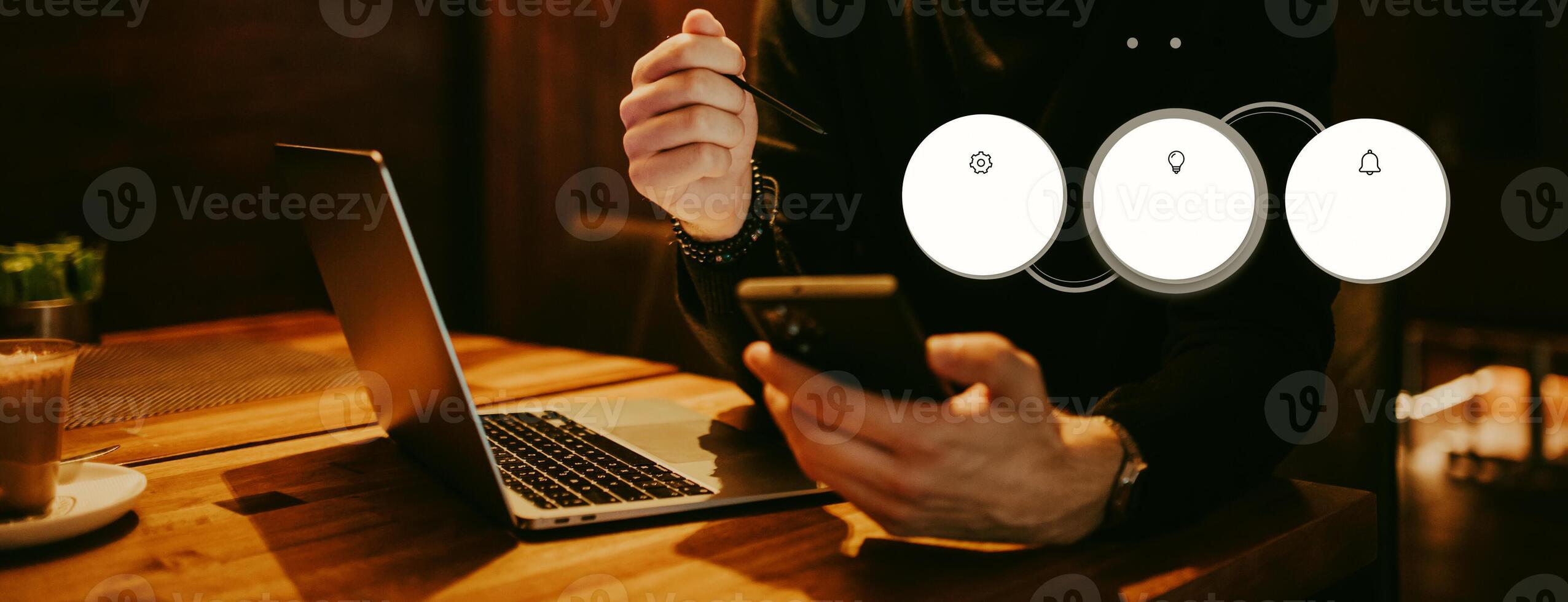 Big data management, digital technology, software development concept. Computer programmer, software engineer programming on laptop, data processing with computer code, technology background photo