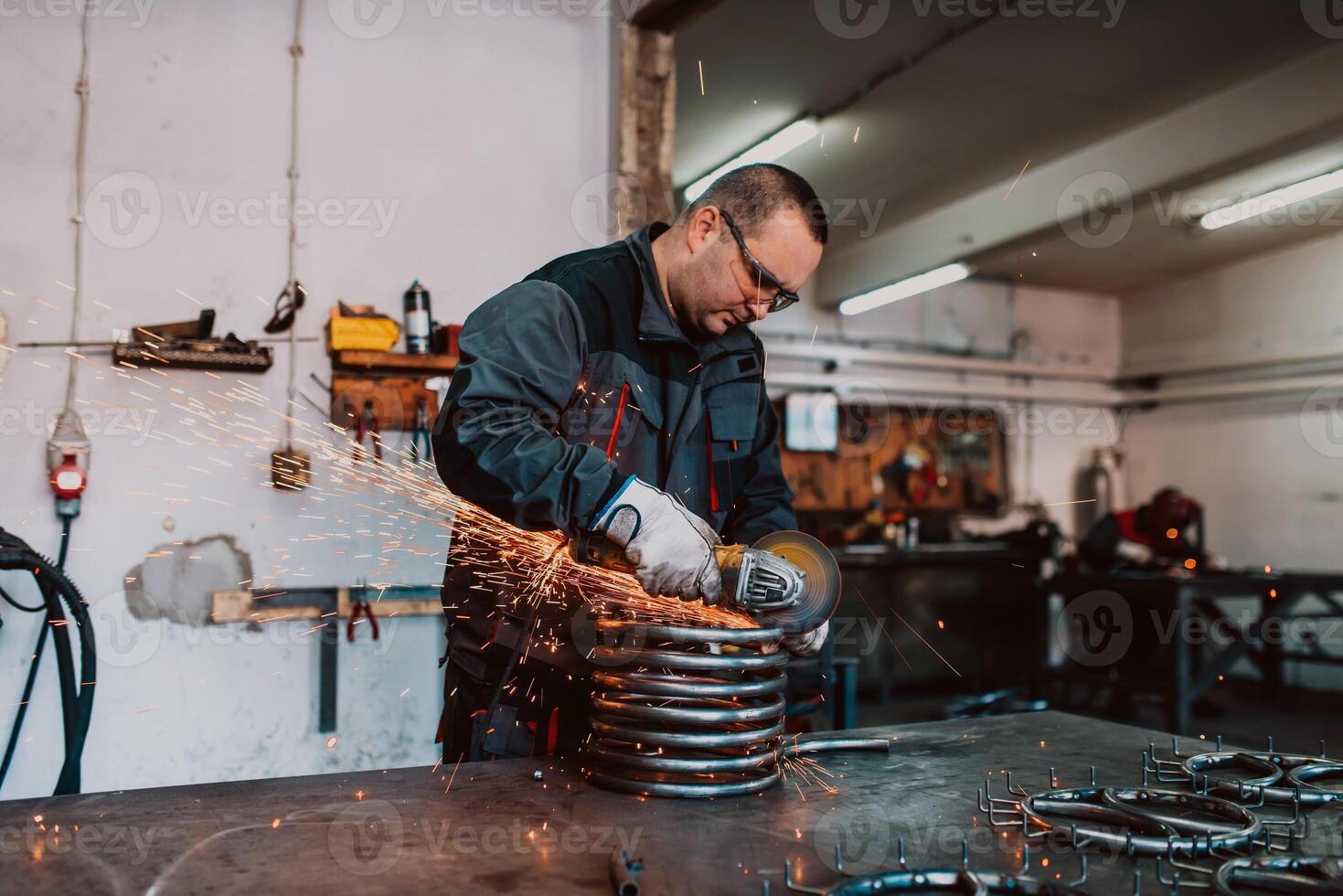 Locksmith in special clothes and goggles works in production. Metal processing with angle grinder. Sparks in metalworking. photo