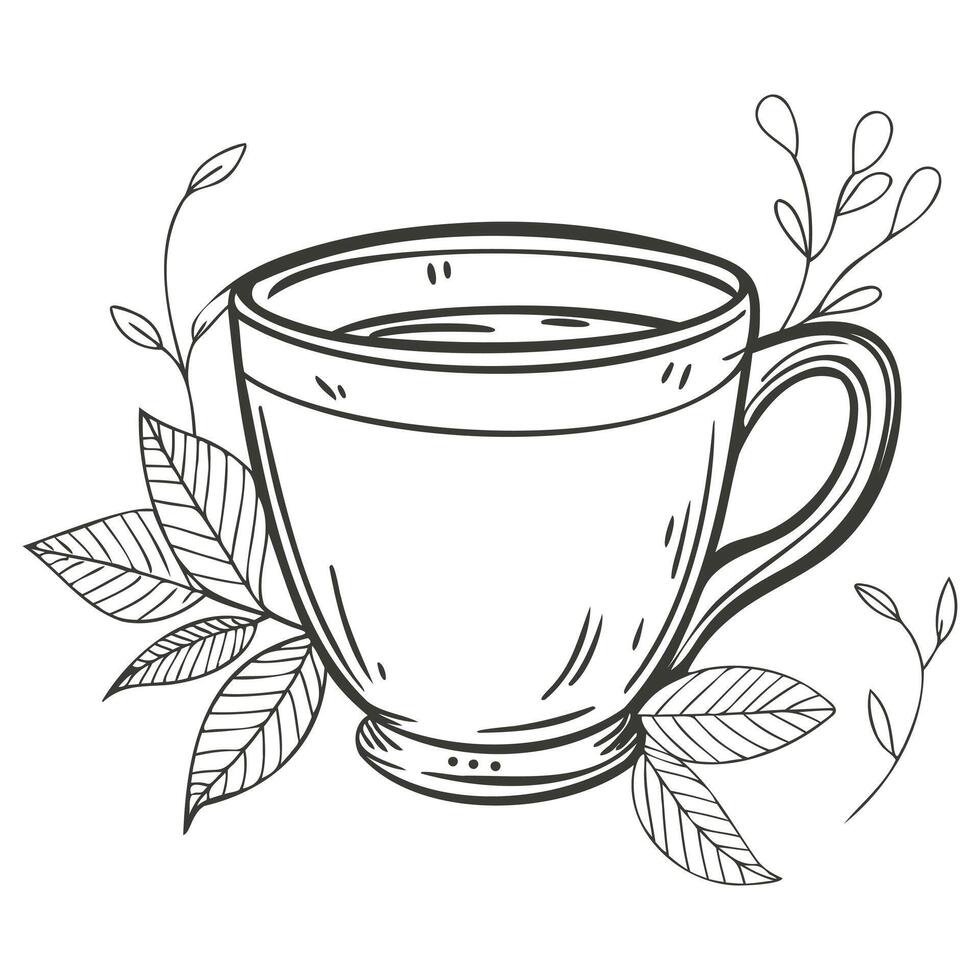 doodle coffee cup with leaves vector
