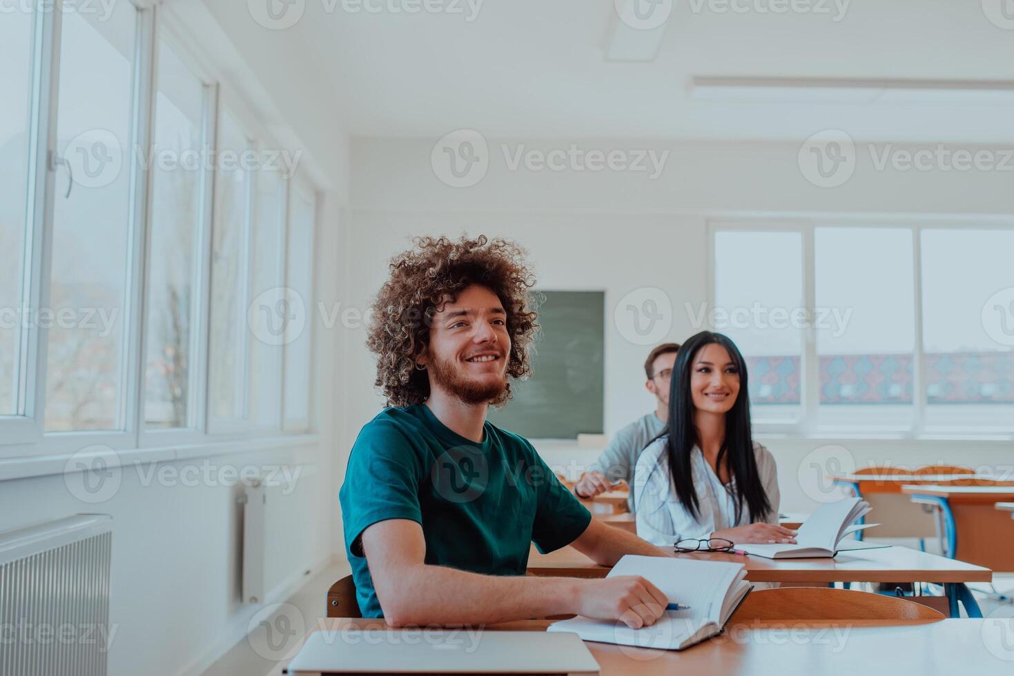 A group of diverse students engages in lively discussion as they educate themselves in a modern classroom, embracing the power of collaboration and knowledge exchange. photo