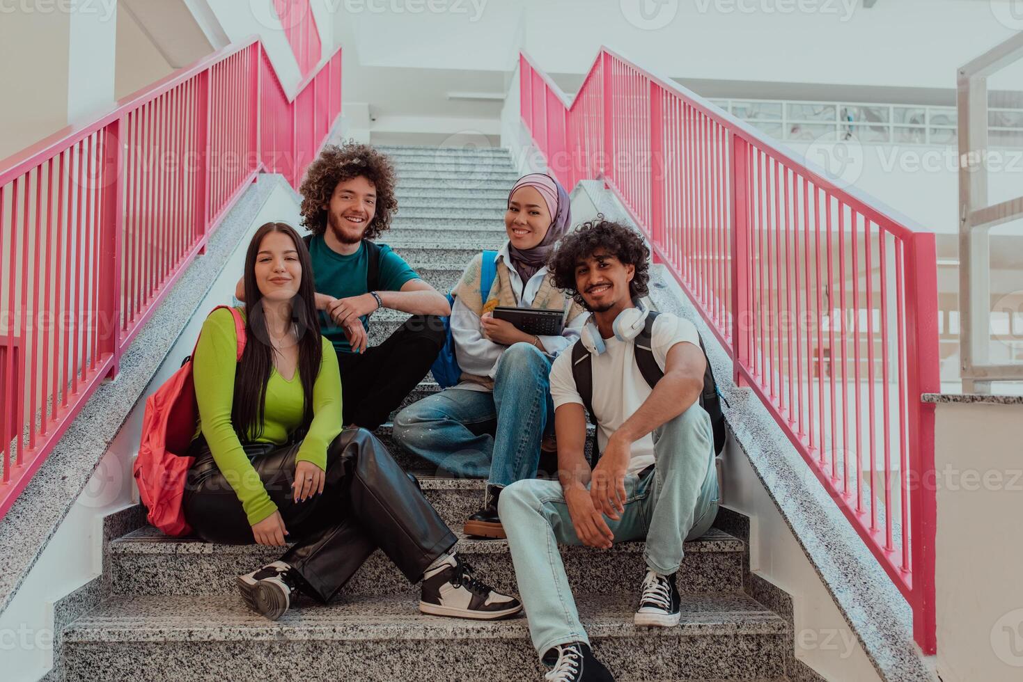 A diverse group of students sits on the steps of a modern school hallway during an educational break, sharing laughter, jokes, and knowledge, embodying a sense of unity and camaraderie. photo
