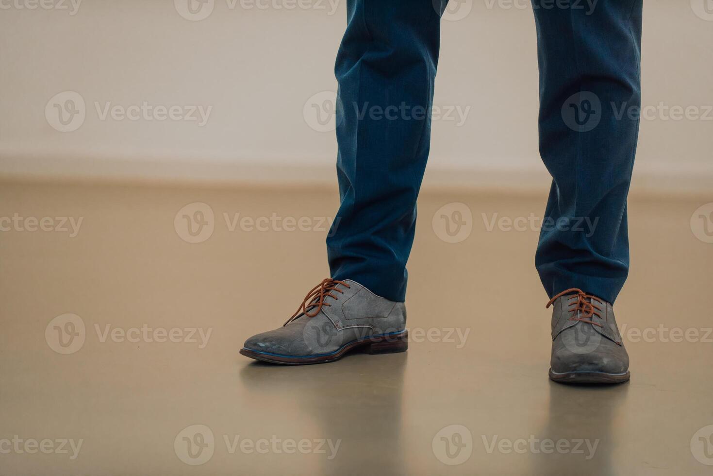 Start Concept. Low Section of Businessman Steps into Start Line and Moving Forward to New Challenge. Cropped Image. Side View. Business Strategy, Metaphor Conceptual for Restart photo