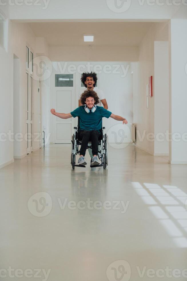 African-American hospital technician compassionately navigating the hospital hallways, pushing his wheelchair-bound colleague, symbolizing unity, support, and inclusivity photo