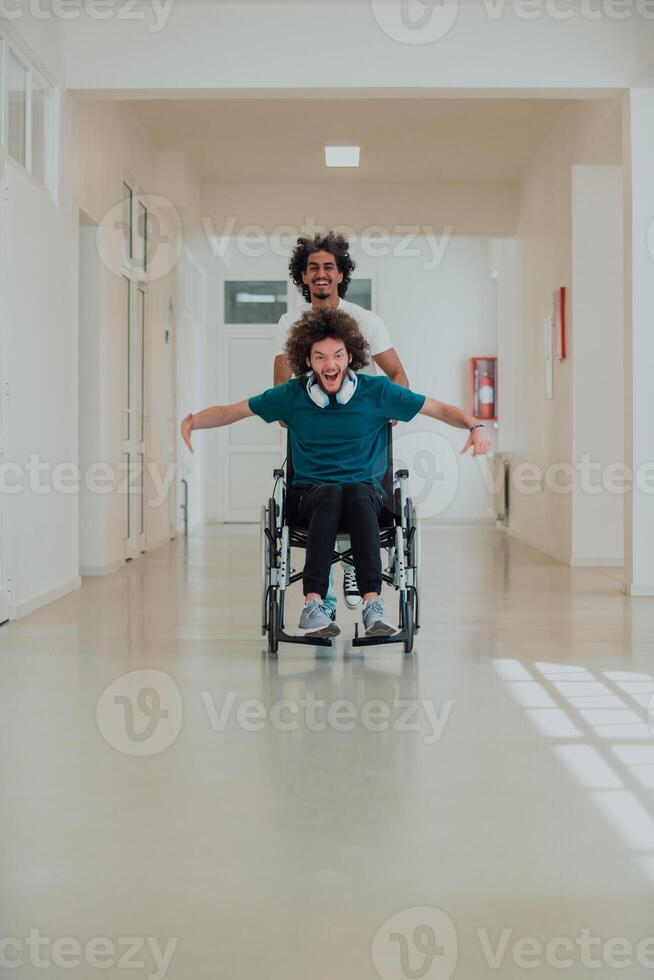 African-American hospital technician compassionately navigating the hospital hallways, pushing his wheelchair-bound colleague, symbolizing unity, support, and inclusivity photo