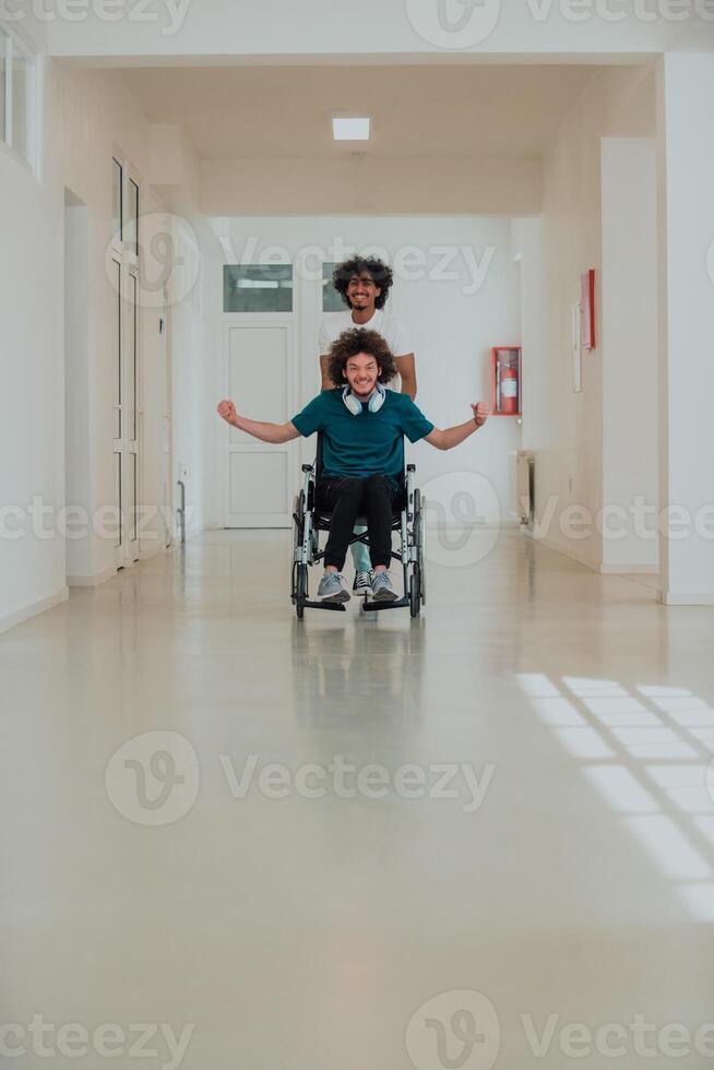 African-American hospital technician compassionately navigating the hospital hallways, pushing his wheelchair-bound colleague, symbolizing unity, support, and inclusivity photo