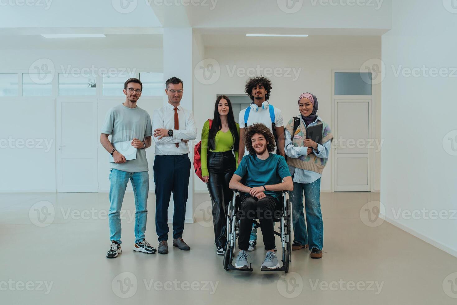 A group of students with a professor and a colleague who is in a wheelchair are standing together in the corridor of a modern university photo