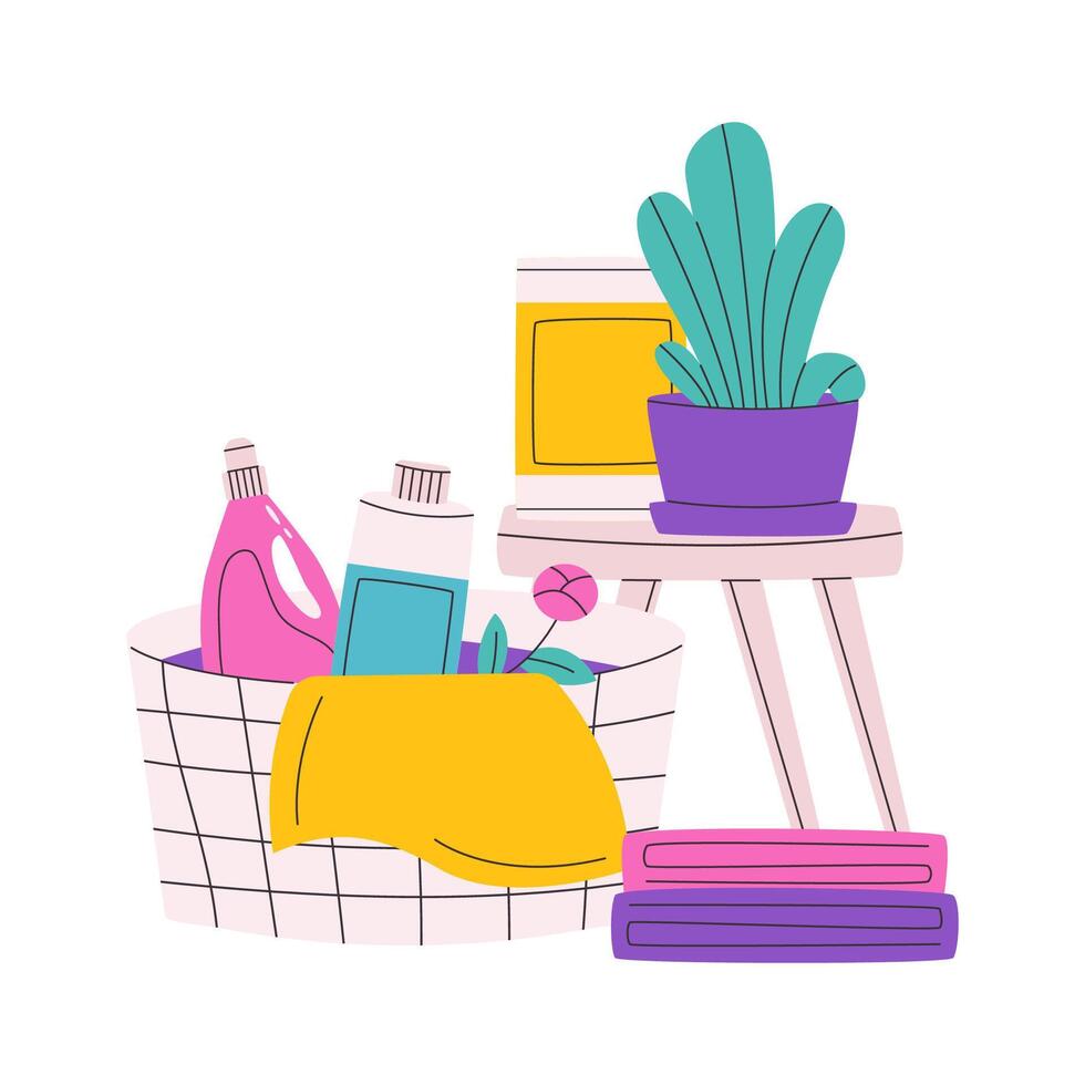 Cleaning Tools illustration. Laundry basket, powder, house plant, cleaning and laundry products. Colorful illustration. vector