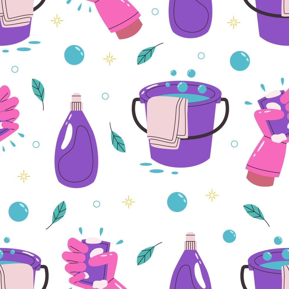 Seamless pattern with cleaning elements. Hand drawn pattern with detergent, bucket of water, hand with sponge. illustration. vector