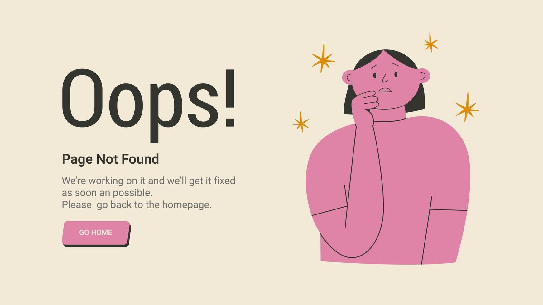 404 error page with sad scared woman in horror facial expression made a big mistake feeling guilty biting lips fingers. Oh no, I failed again. Flat illustration. vector