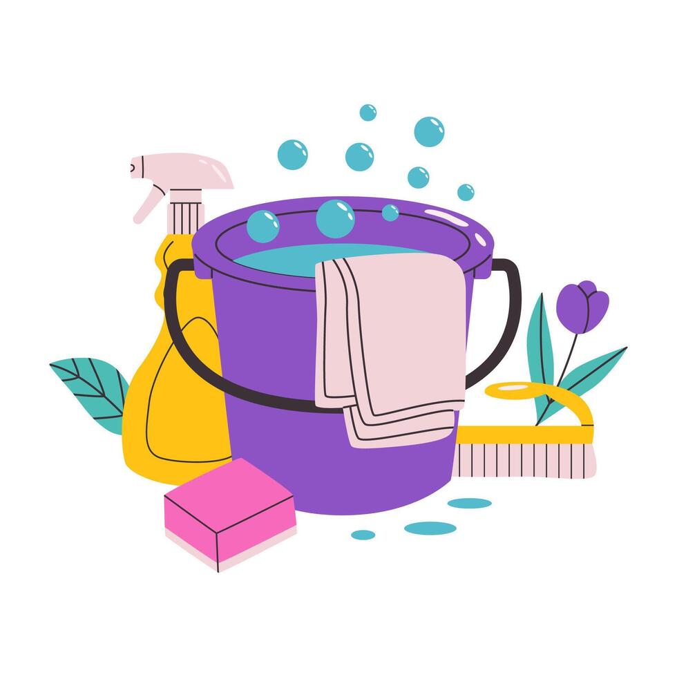 Cleaning Tools illustration. Bucket of water, rag, glass cleaning spray, sponge and flowers. Colorful illustration. vector
