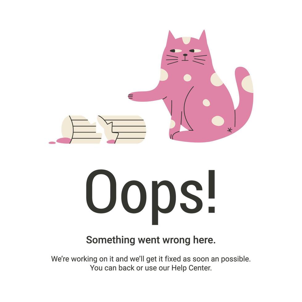 404 error page with funny cat broke the vase. Flat illustration. vector