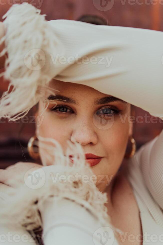 A close-up, unretouched portrait of a naturally beautiful young woman showcasing her authentic and unaltered facial features, capturing the essence of real beauty without any digital enhancements. photo