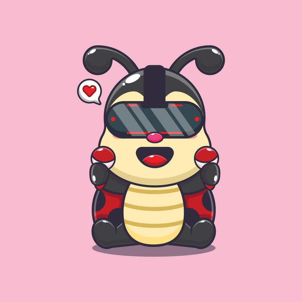 Cute ladybug playing virtual reality cartoon illustration vector
