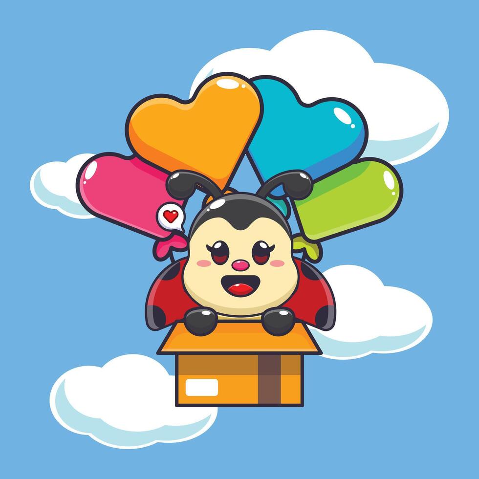 Cute ladybug mascot cartoon character fly with balloon vector
