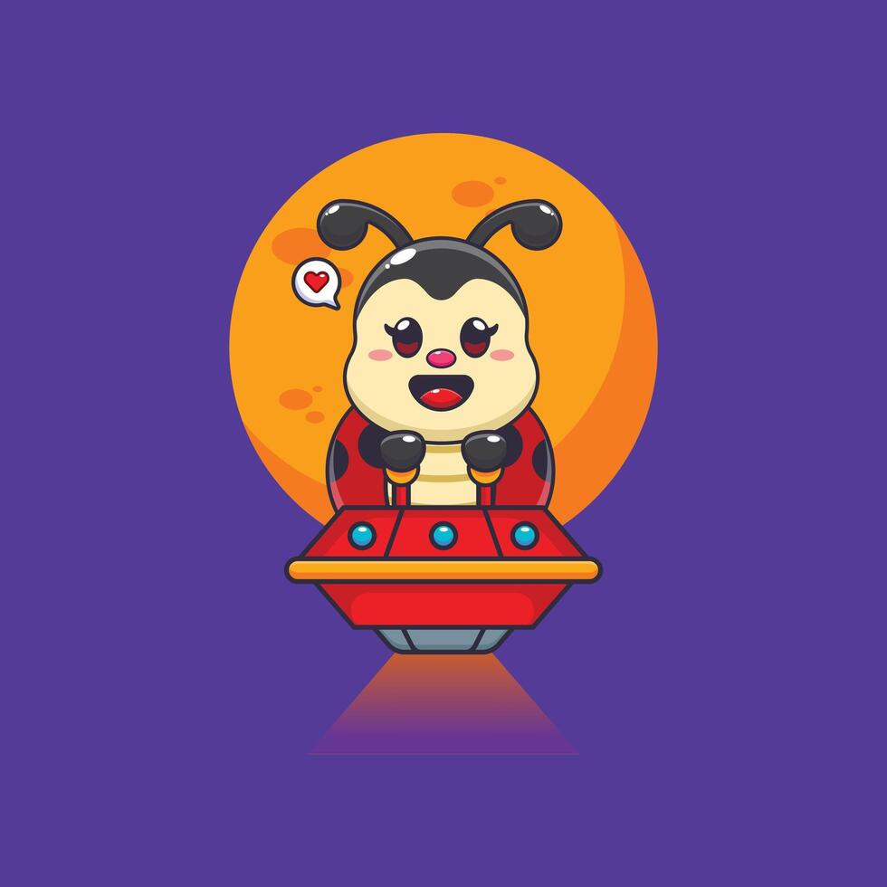 Cute ladybug mascot cartoon character fly with ufo vector