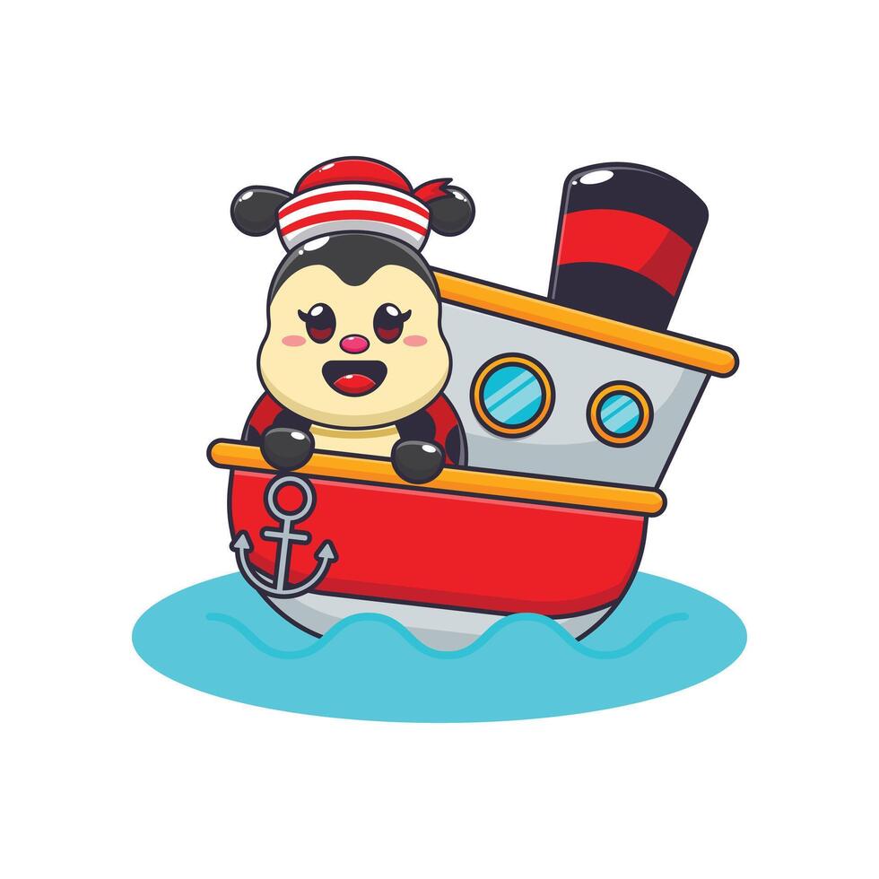 Cute ladybug mascot cartoon character on the ship vector