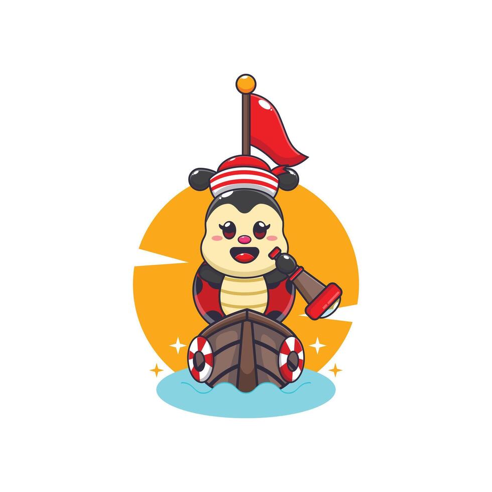 Cute ladybug mascot cartoon character on the boat vector