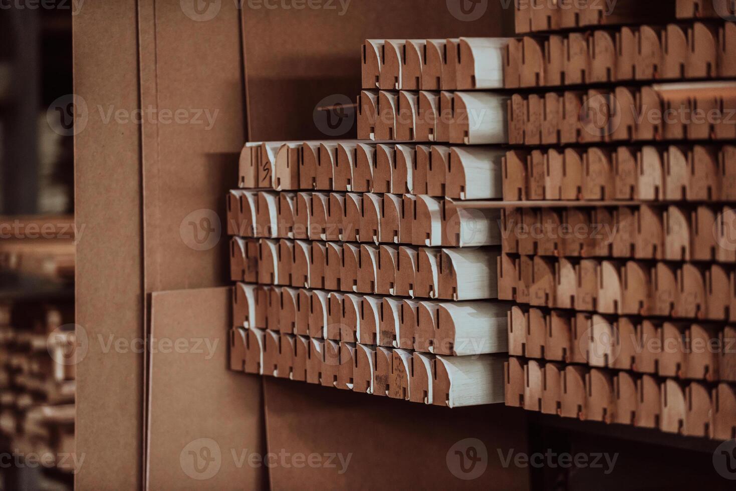 A vast warehouse in the forestry industry, showcasing a plethora of wooden products, including boards and various timber items neatly organized in storage photo