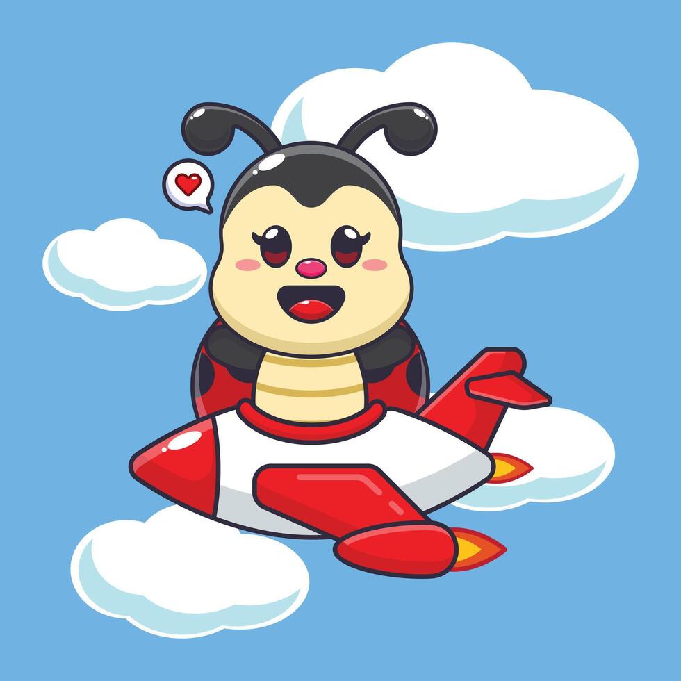 Cute ladybug mascot cartoon character ride on plane jet vector