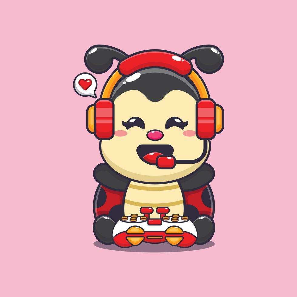 Cute ladybug gamer cartoon illustration vector
