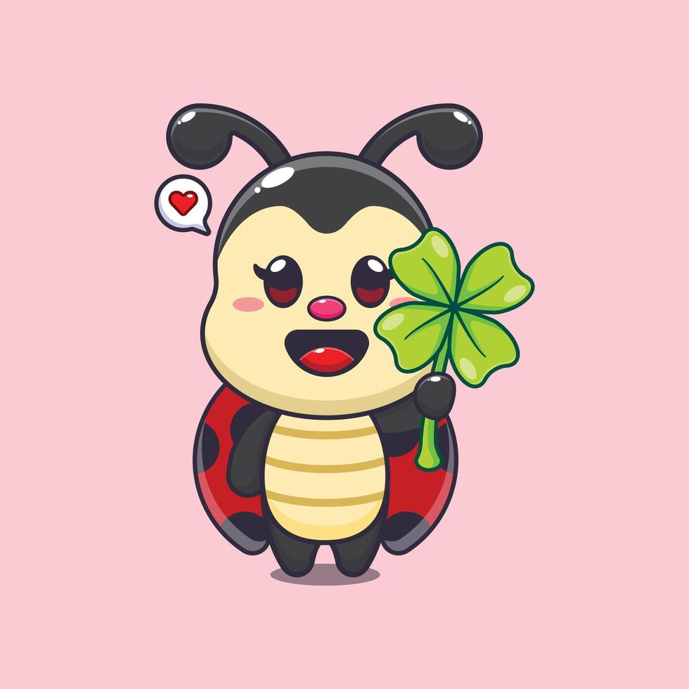 ladybug with clover leaf cartoon illustration vector