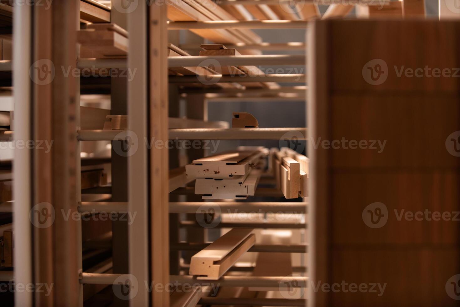 A vast warehouse in the forestry industry, showcasing a plethora of wooden products, including boards and various timber items neatly organized in storage photo