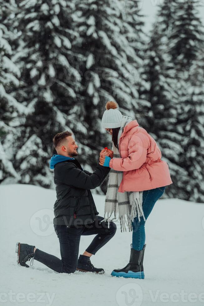In the enchanting embrace of winter, this romantic couple celebrates their engagement on Valentine's Day, surrounded by snowy serenity, love, and a promise for a frost kissed future together. photo