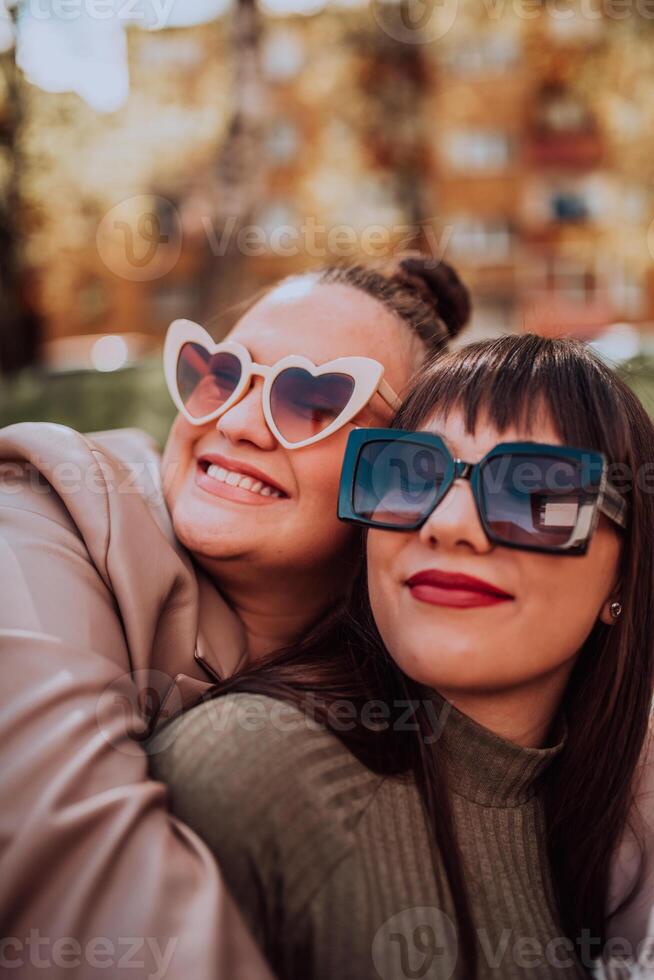 Two young women embrace each other emotionally outside on a sunny day while wearing sunglasses photo